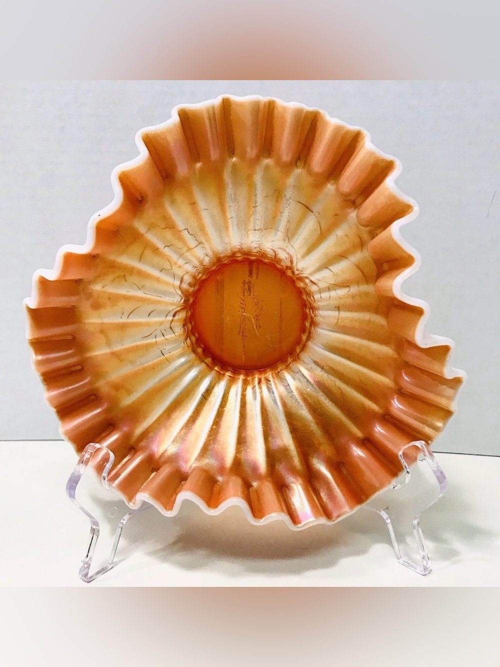 Dugan Antique 1910’s Peach Opalescent Carnival Glass Crimped Stippled Bowl Rare